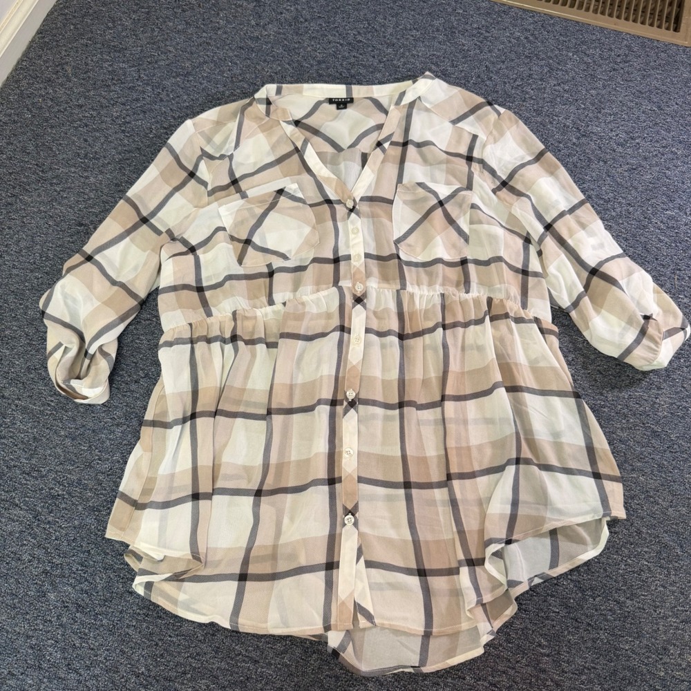 Torrid Plaid Babydoll Tunic Top Womens Plus Size 2 Beige Black Chiffon Blouse